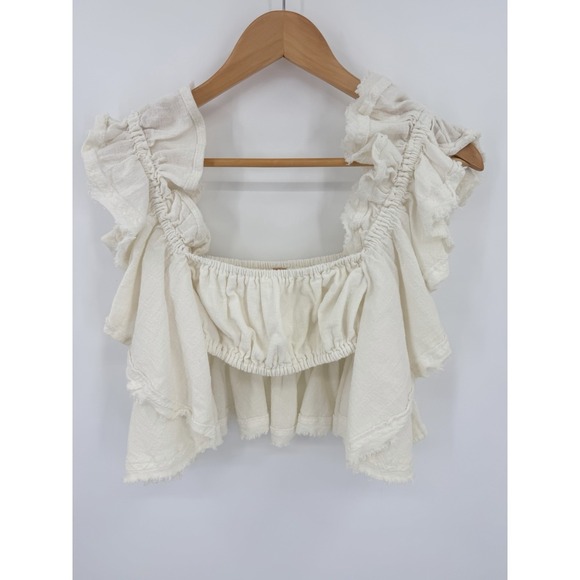 Free People Tops - Free People Smocked Ivory Crop Top Blouse Flowy  Sz XS Raw Hem Boho Festival